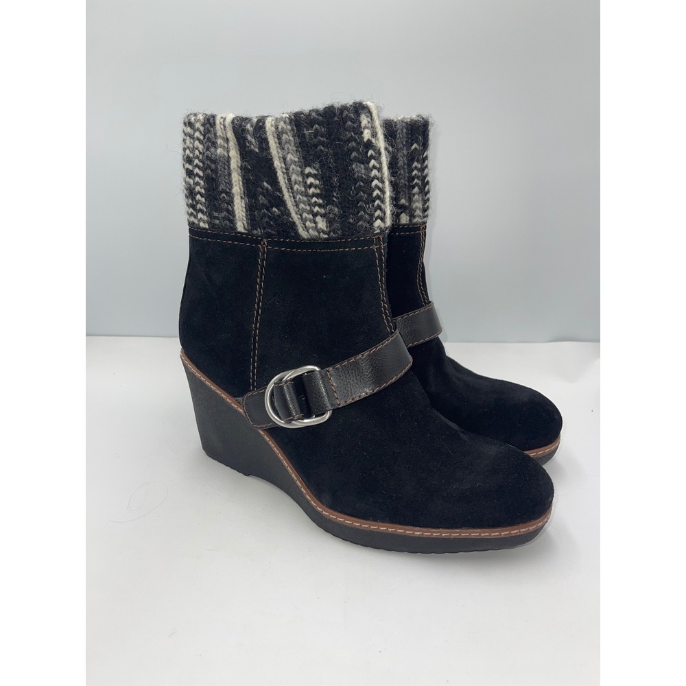 Naturalizer Kenning Wedge Boots Womens 9.5 Black Suede  Knit Cuff Buckle